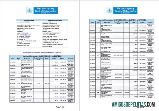 Extrato de conta em branco do India Bank Of Maharashtra modelo Word e PDF, 2 páginas